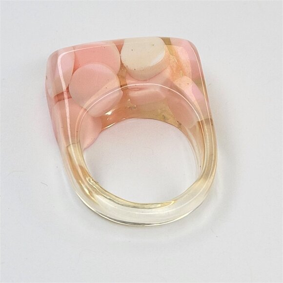 Lucite Resin Rings Pink and White Pill Beads See Through Rectangular Ring - Picture 7 of 9